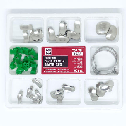 TOR VM Dental Universal Set of Sectional Contoured Matrices 100pcs, Rings 2pcs and Add-Ons 20pcs – Professional Matrix System & Restorative Tool