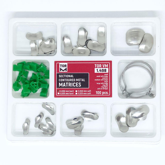 TOR VM Dental Universal Set of Sectional Contoured Matrices 100pcs, Rings 2pcs and Add-Ons 20pcs – Professional Matrix System & Restorative Tool