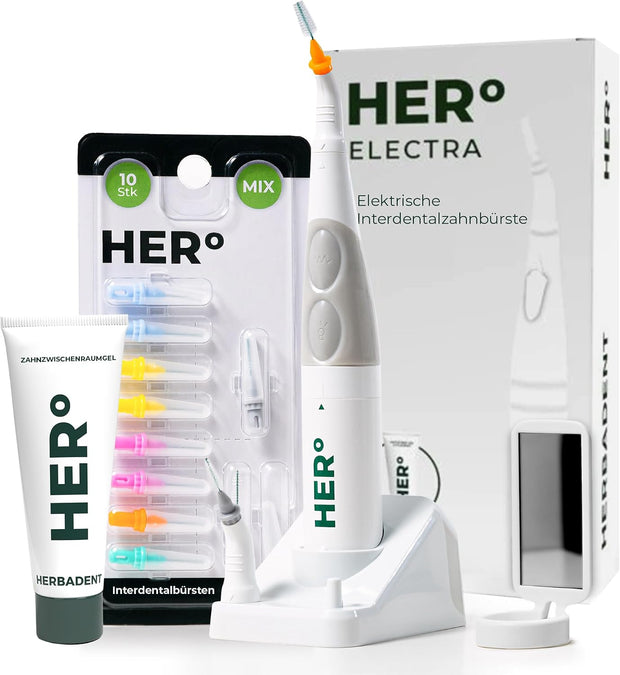 HERBADENT HER° Electric Interdental Toothbrush Set with LED Light, Mirror &amp; Herbal Gel