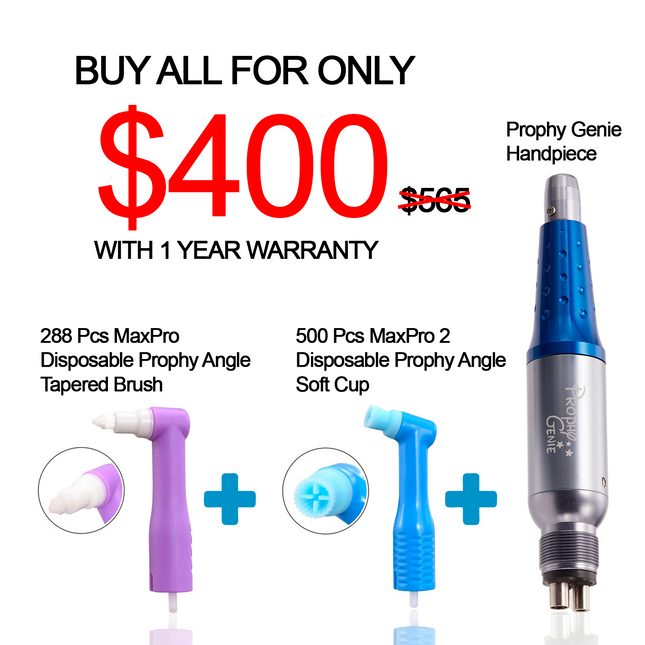 Get Prophy Genie, 288 MaxPro Disposable Angles Tappered Brush and 500 Max Pro 2 Disposable angles Soft Cup